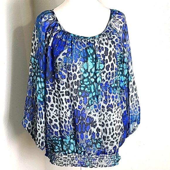 Cathy Daniels Blue,Teal,Gray Leopard Print Blouse with Sparkles, Size 1X - Picture 1 of 8